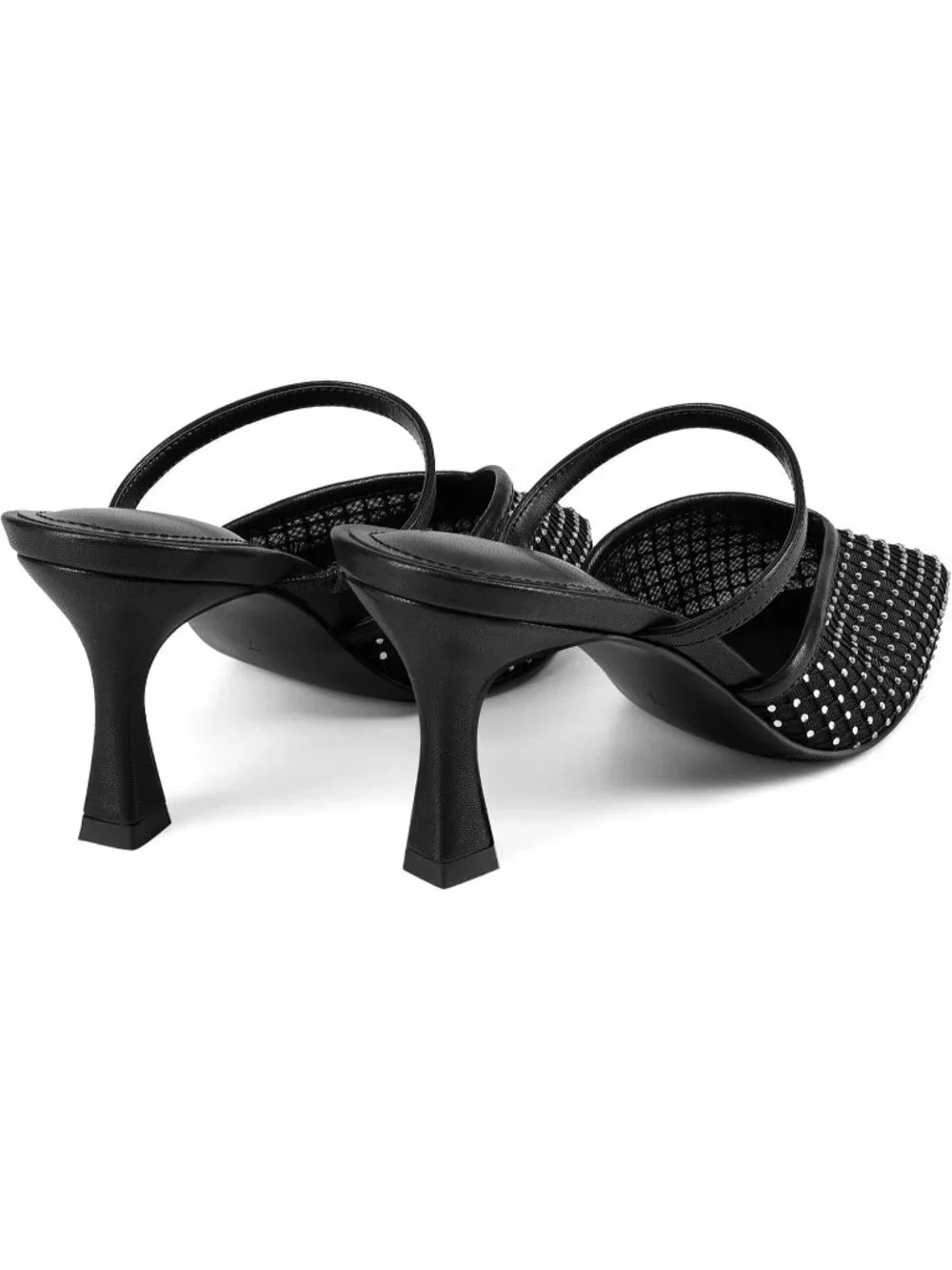 Women's Black Rhinestone Mesh Mule Heel with Memory Foam Insole Pointy Toe Heels